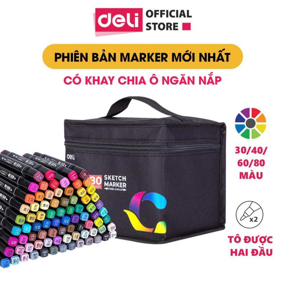 Bút màu dạ marker chuyên nghiệp Deli kèm túi vải họa cụ vẽ tranh cao cấp 30 / 40 / 60 / 80 màu - E70806