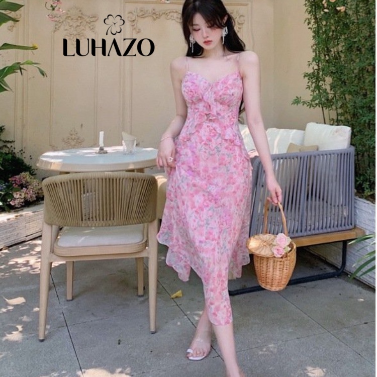 Váy 2 dây đi biển hoa maxi  LUHAZO đi chơi hở lưng dáng dài rộng bigsize kiểu sang chảnh Hàn Quốc 9667 DK1T3