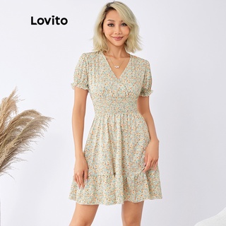 113XJ Lovito Boho Floral Ruffle Stitching Dress L22Ee004 (Apricot)