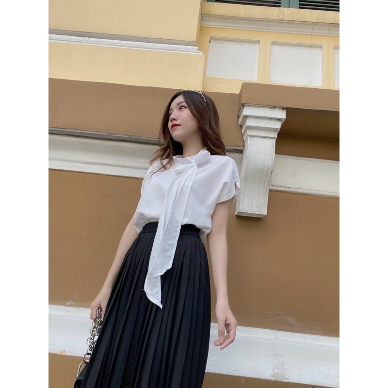 set chân váy xanh mint dập ly + sơmi trắng thắt nơ | BigBuy360 - bigbuy360.vn