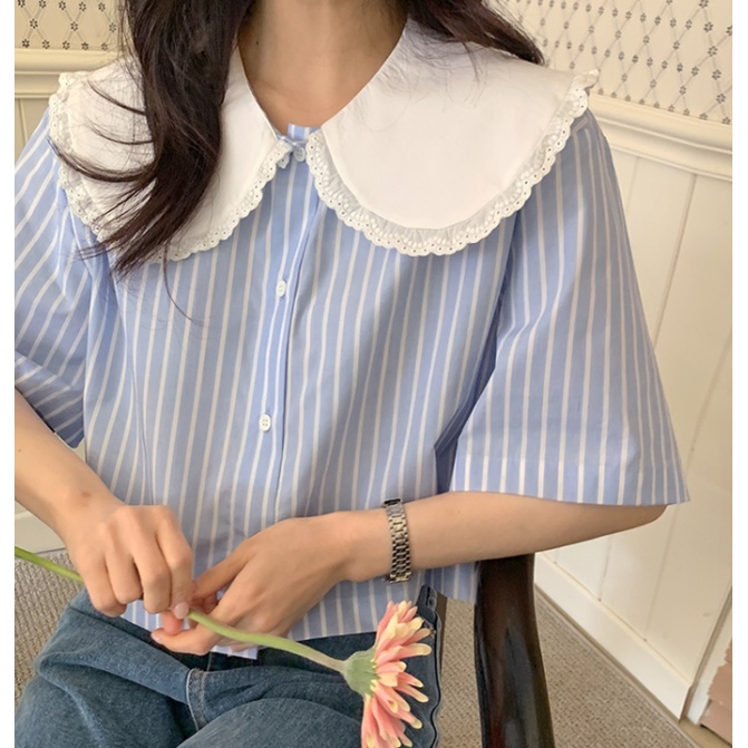 Áo sơ mi SUXI ngắn tay cổ búp bê họa tiết kẻ sọc màu trơn phong cách Hàn Quốc thời trang mùa hè cho nữ