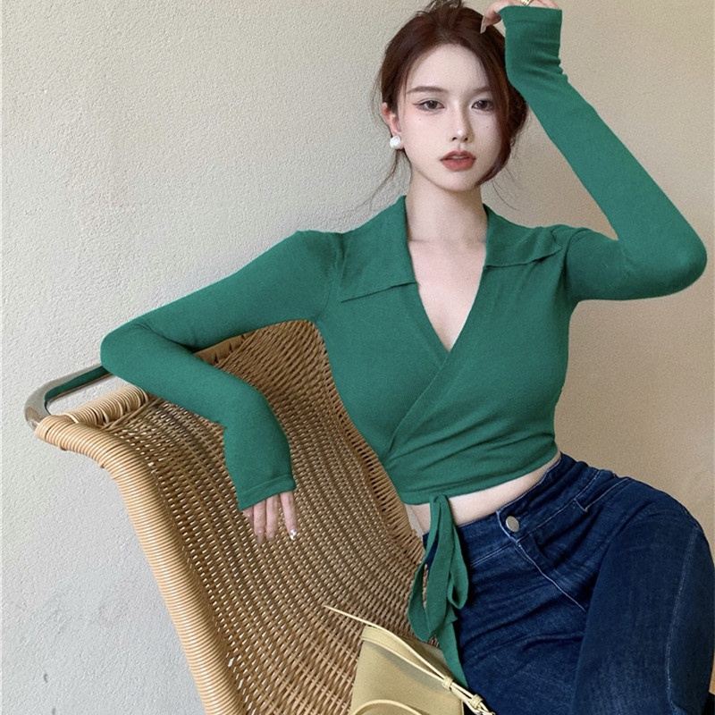 Áo thun dệt kim cổ polo tay dài ôm dáng độc đáo thời trang mùa thu dành cho nữ