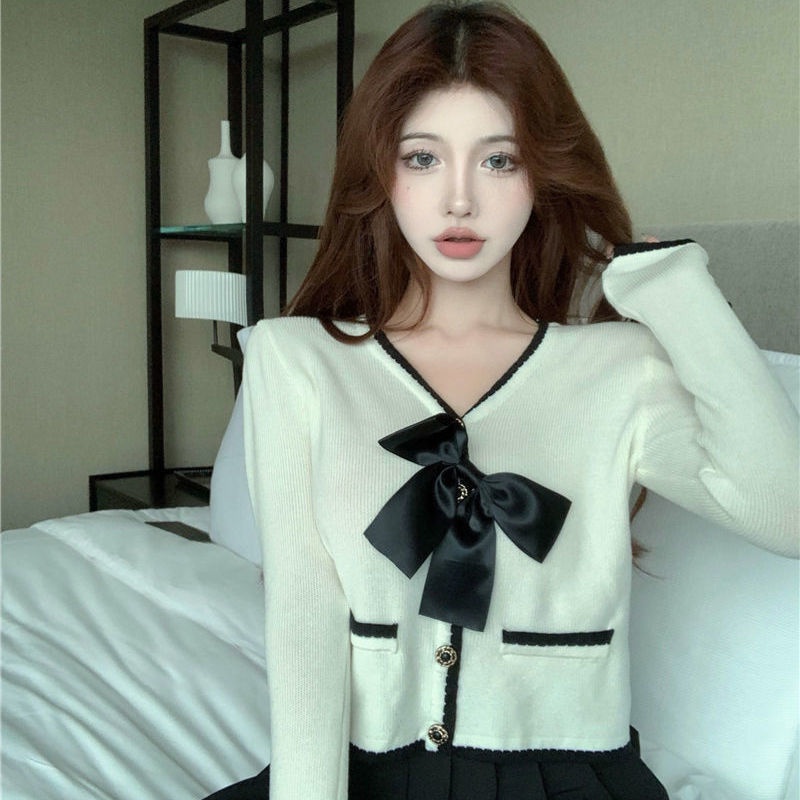 Áo cardigan dệt kim tay dài đính nơ thiết kế mới thời trang mùa thu 2021