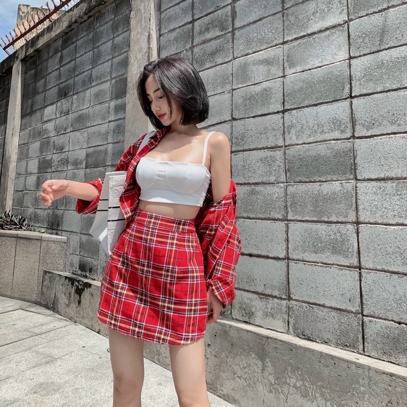 Sét váy 3 món thời trang nữ mặc đi chơi chất kakte bố caro đen đỏ kèm áo lót cotton sang chảnh