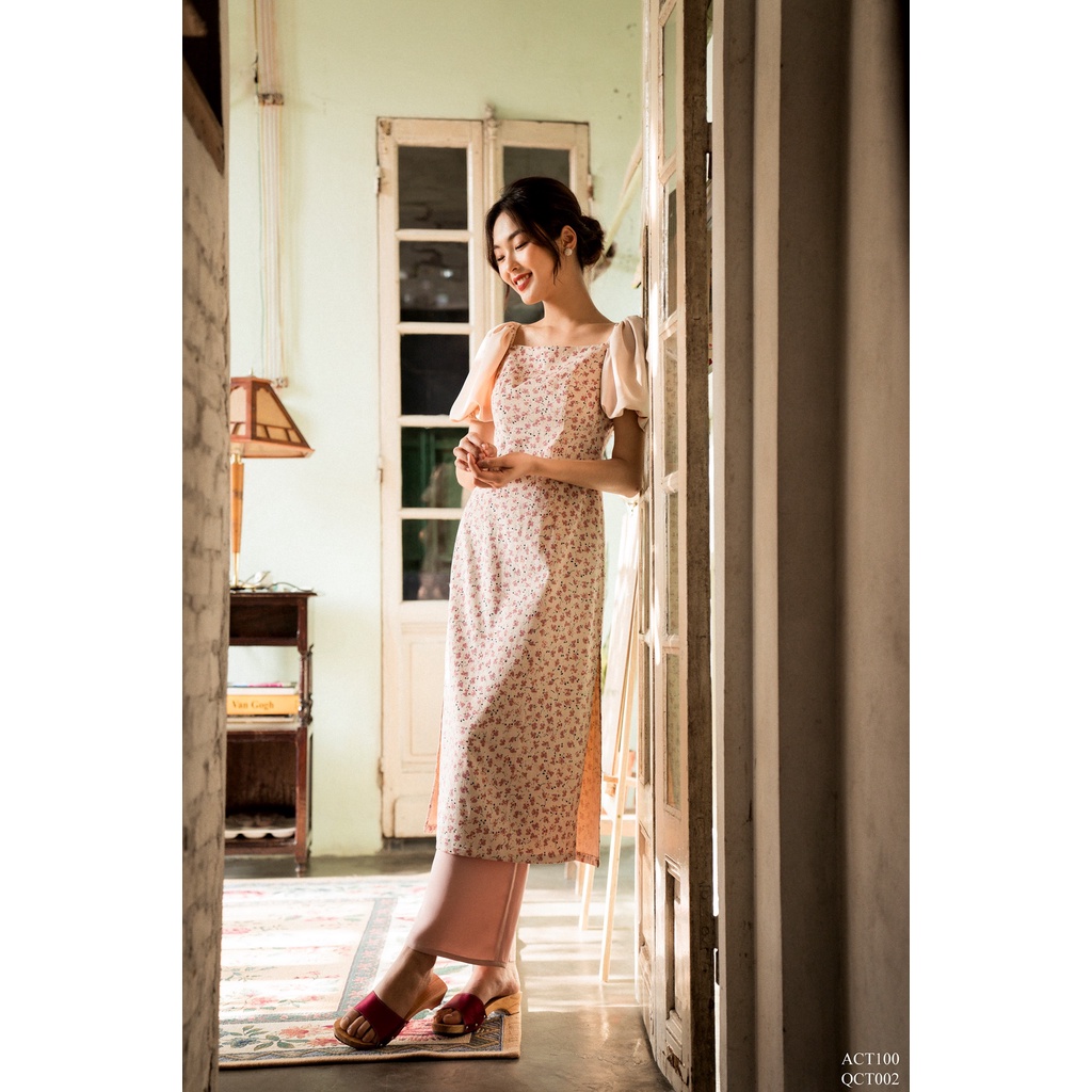 Áo dài cổ vuông phối tay bồng chun( không kèm quần) TIINSTORE  ACT100