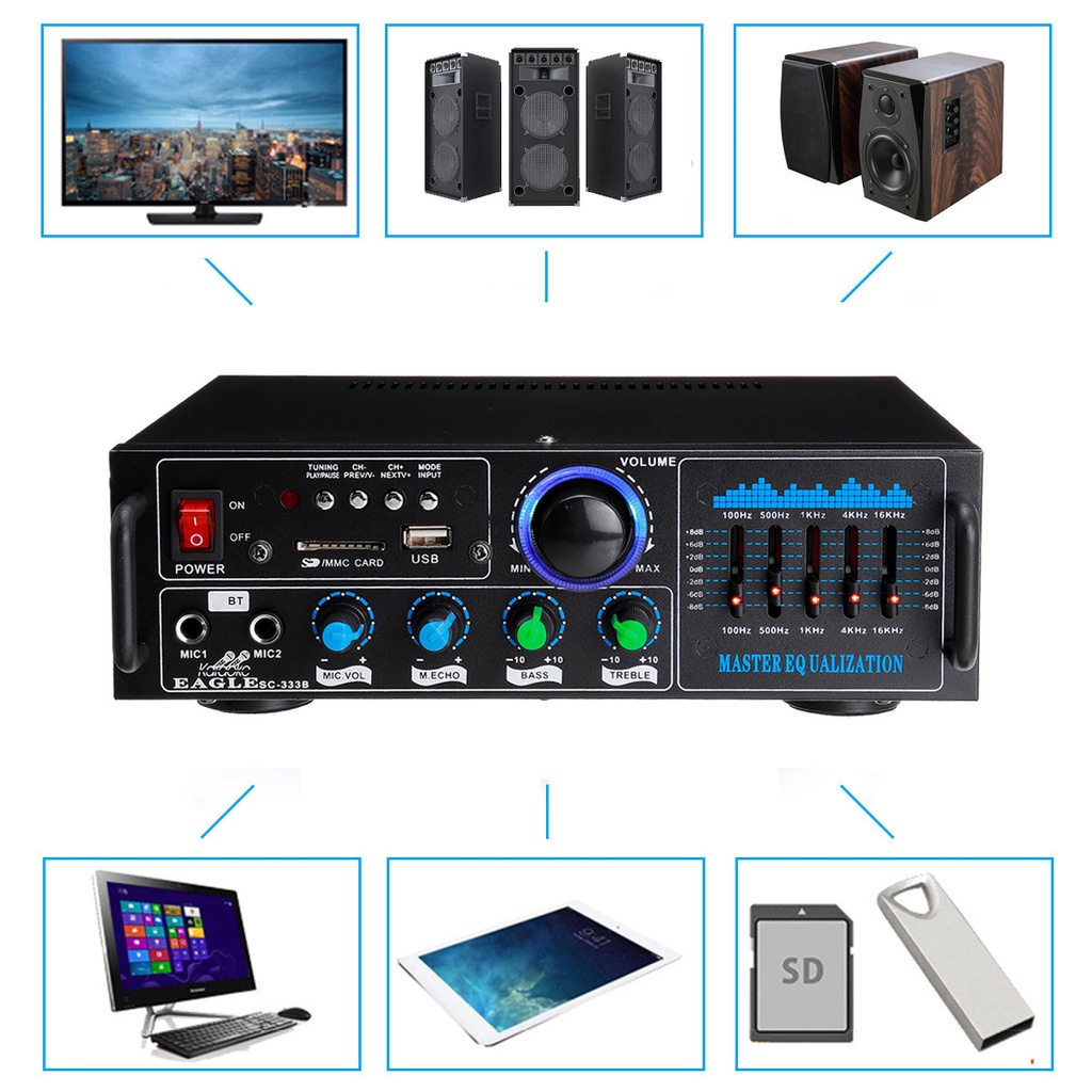 Bộ Khuếch Đại Âm Thanh Nổi 2000W 2 Mic bluetooth FM AUX USB SD AMP Cinema Karaoke Điều Khiển Từ Xa