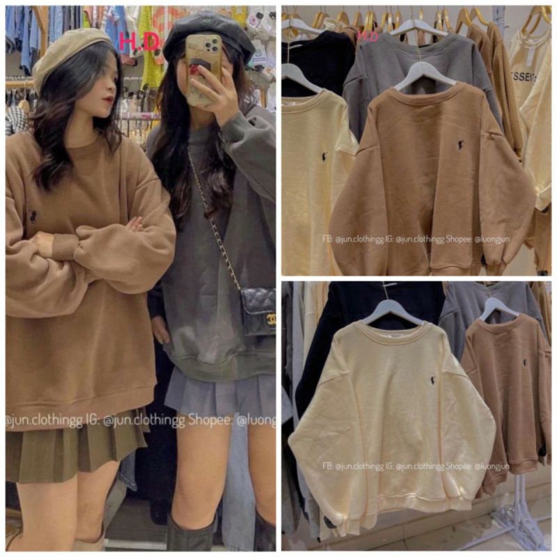Áo Sweater cổ tròn dài tay bồng logo Ngựa Đen, thun hoodie form rộng UlzzangChất đẹp Không Bai xù Trend 2022