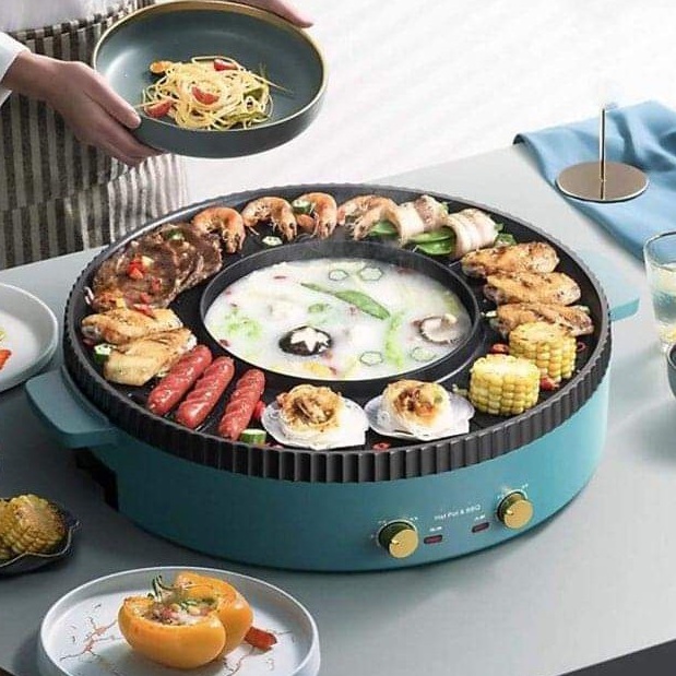 Bộ Nồi Lẩu Nồi Nướng 2 Trong 1 Tròn Nine Shiel Công Suất Cực Đại 1350w, Vừa Ăn Lẩu Vừa Ăn Đồ Nướng Siêu Tiện Lợi