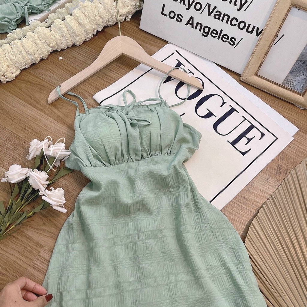 Váy 2 dây hở lưng ôm body  khóa kéo lưng 2 lớp xanh