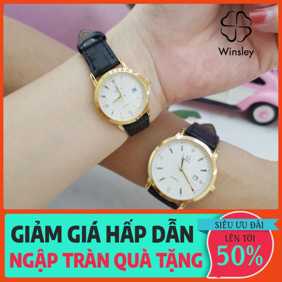 SIÊU KHUYẾN MÃI Đồng hồ đôi giới tính đeo tay OMG dây da viền mạ vàng đẹp giá thành rẻ trang điểm hàng hiệu Winsley SIÊU