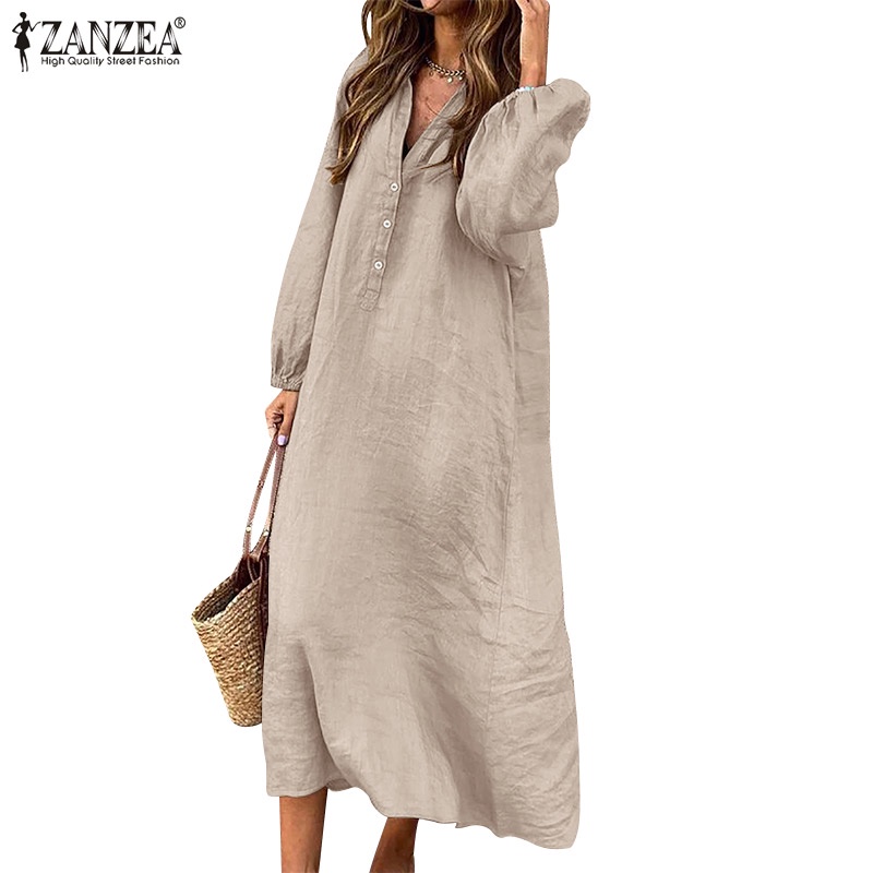 Zanzea Đầm Cotton Nữ Cổ Chữ V Cài Nút Thời Trang Châu Âu