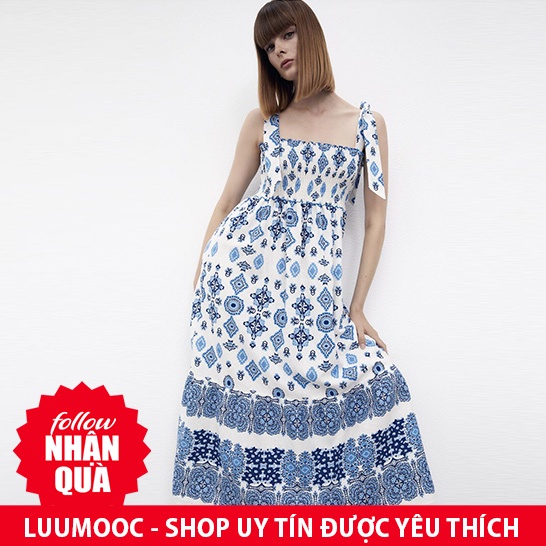 Đầm Zara xanh gốm sứ chun xòe xinh đẹp DG2HQG56N10