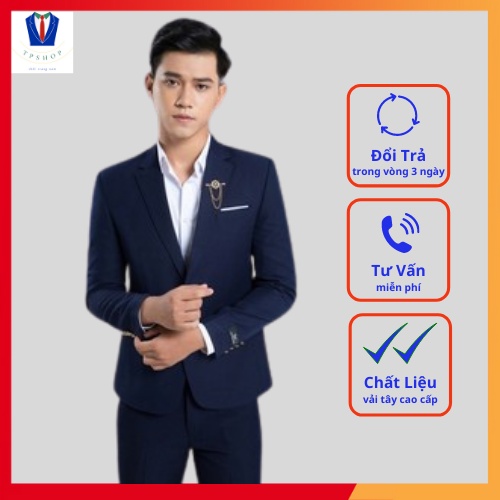 Bộ vest nam màu xanh ve viền cao cấp 1 khuy [Áo vest + Quần]