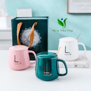 Ly cốc sứ uống trà, cafe có nắp kèm thìa vàng Nhaongshop