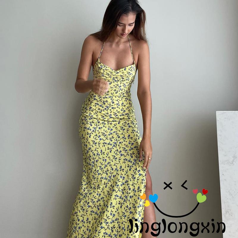 ❤ES✪Women´s Dress Floral Print Sleeveless Halter Tie Design Open Back Side High Slit Summer Dress