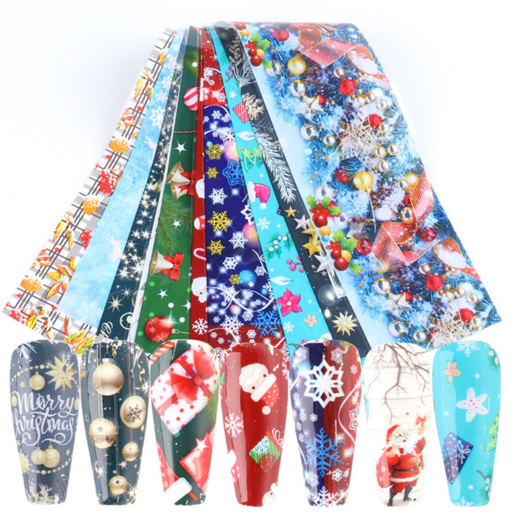 COD 10pcs Christmas Decorations for Nails Mix Colorful Transfer Nail Foil Sticker Snow Flower Elk Gift Santa Adhesive Paper MK