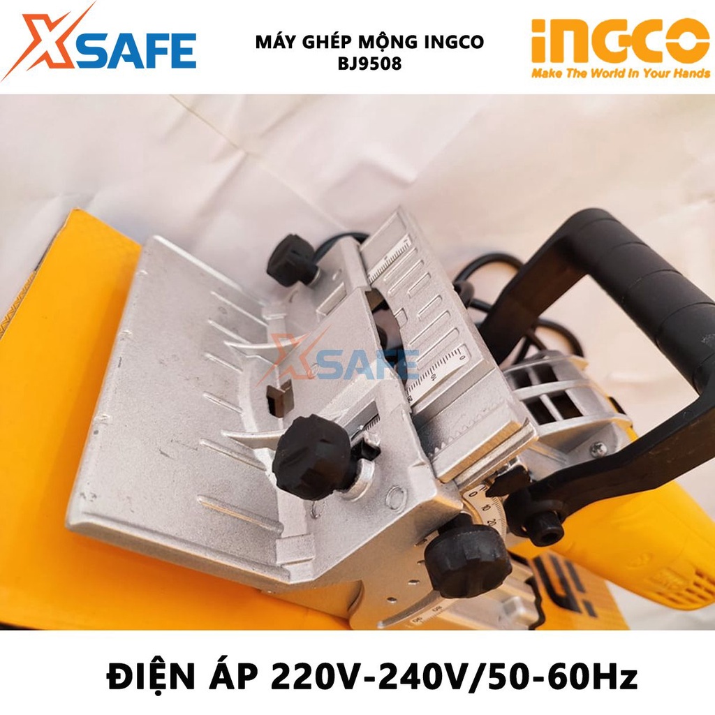 Máy ghép mộng INGCO BJ9508 950W, tốc độ không tải 11000 v/ph, đường kính lưỡi 100mm, kèm 15 miếng ghép