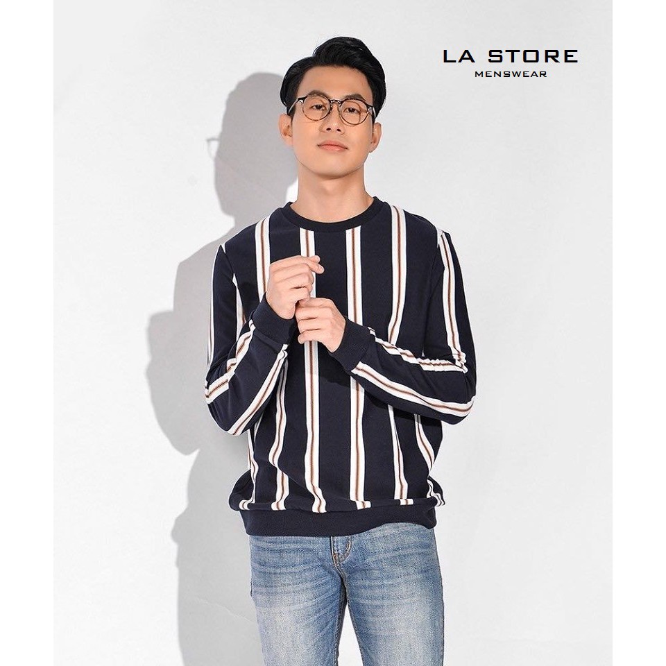 Áo thun ROUTINE - SWEATSHIRT AT tay dài nam kẻ sọc dọc màu xanh navy