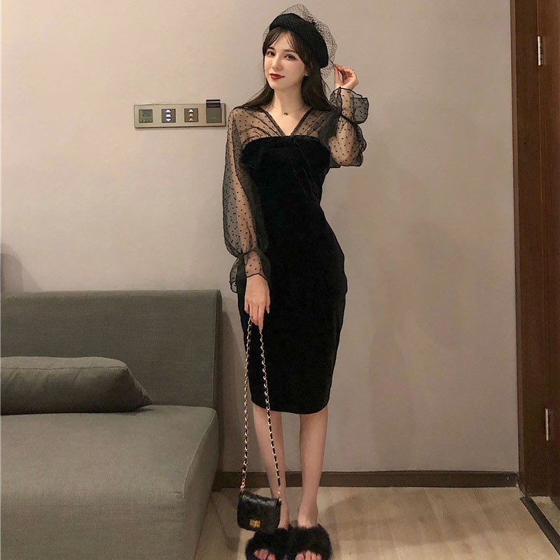 [Hàng order] Váy nhung body tay phối ren - T1161 | BigBuy360 - bigbuy360.vn