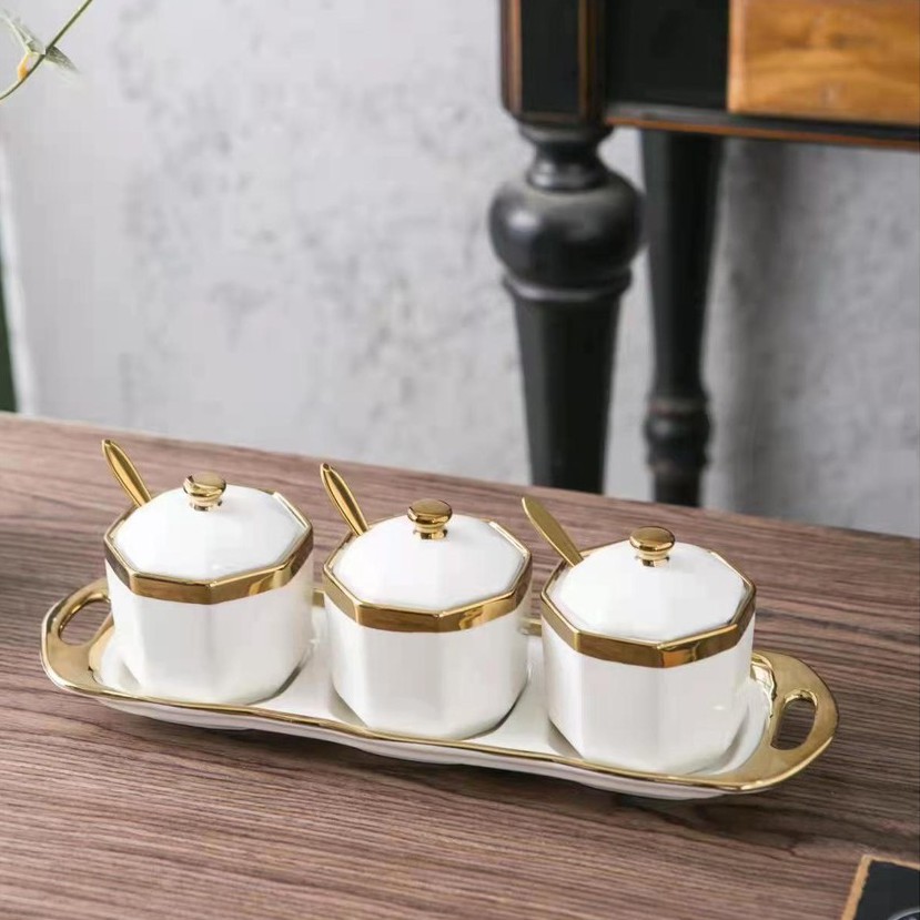 3 Hũ đựng gia vị chất liệu sứ kèm khay | HŨ ĐỰNG GIA VỊ DECOR PHONG CÁCH VINTAGE