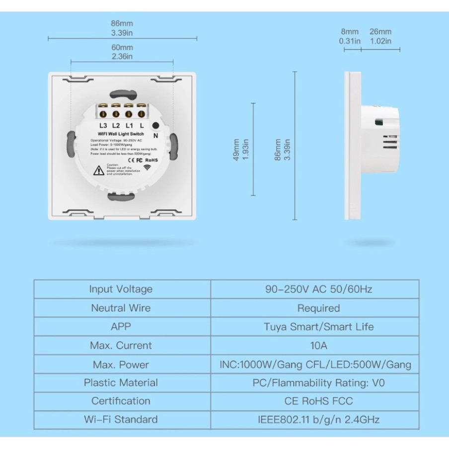 Công tắc thông minh Wifi mặt vuông 1, 2, 3 NÚT (App Tuya, SmartLife),Công tắc cảm  ứng mặt vuông -HÌNH THẬT GIAO NGAY