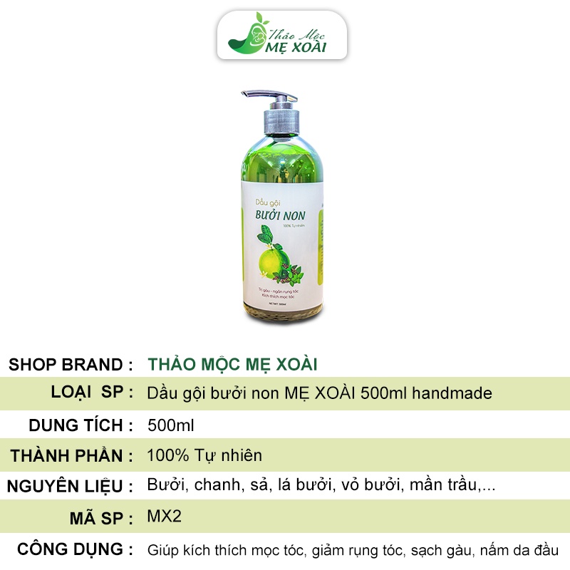 Dầu gội bưởi MẸ XOÀI dầu gội 500ml làm từ vỏ bưởi non làm mượt tóc, giảm rụng tóc, kích thích mọc tóc, giảm gàu, nấm MX2