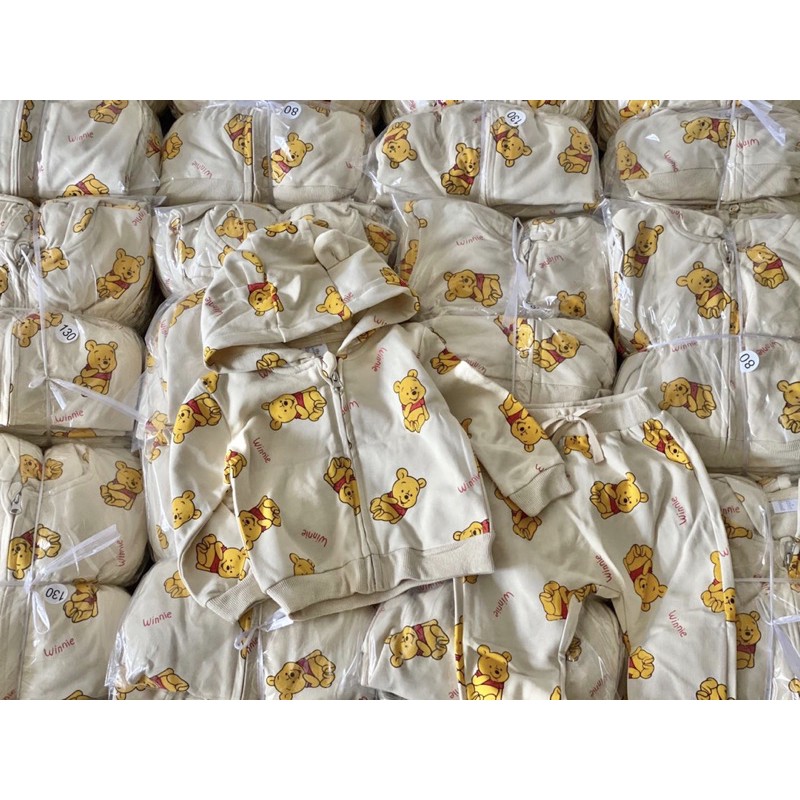 Bộ nỉ kéo khoá có mũ gấu Pooh HM 1-6Y (có ảnh thật)
