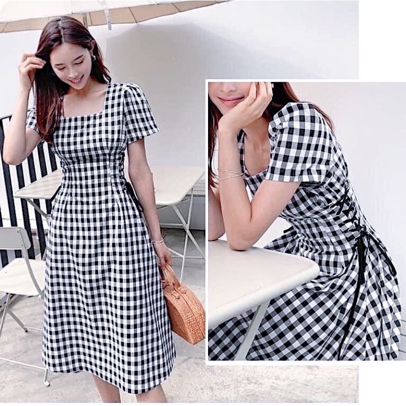 Đầm kẻ đen cổ vuông đan dây (kèm hình thật)