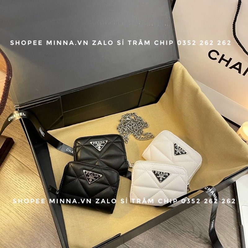 Túi Đeo Chéo Mini Nữ Đẹp Trần Trám Mác Pra Dây Xích Trắng Có Thể Làm Ví