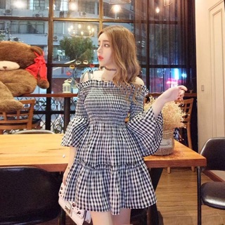 Order ❤️ Váy caro trễ vai