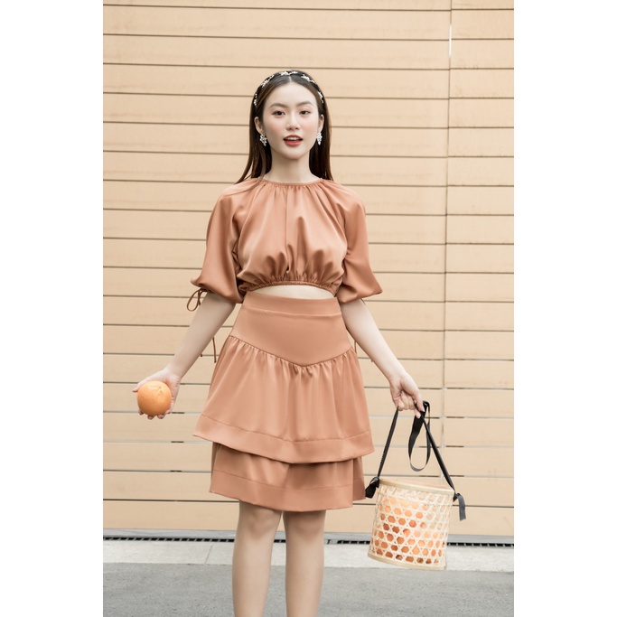 RẬP - Đầm Cam Cổ Tròn Nhún Tay Lửng Tùng Hai Tầng - GRACE 04 CAM