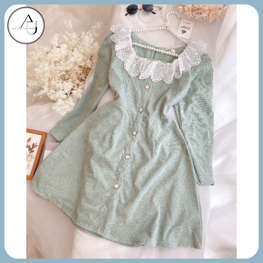 Đầm Nhung Tiểu Thư AU.DESIGN Thiết Kế Tay Dài Cổ Bèo Sang Chảnh 2 Màu Freesize
