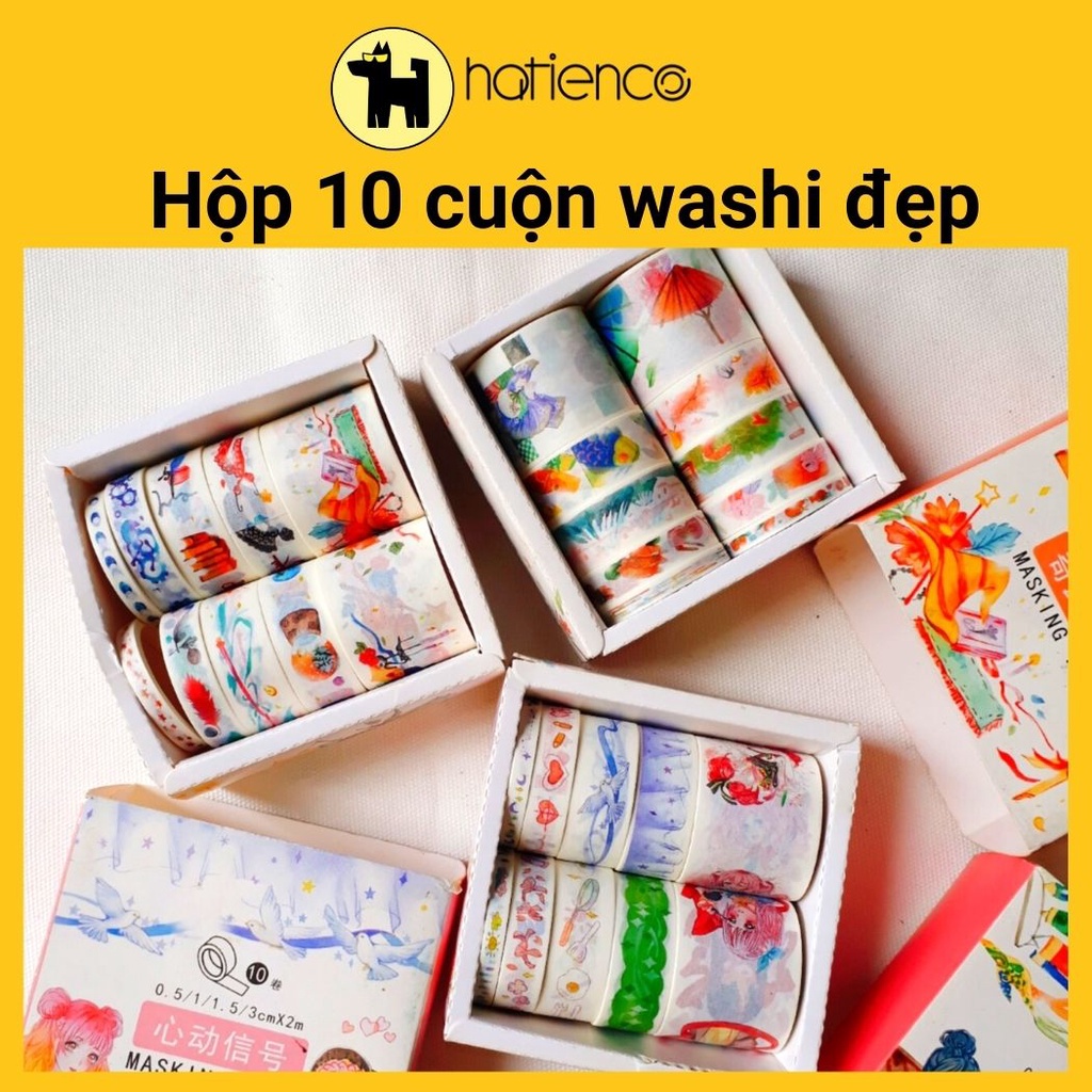 Set 10 cuộn washi tape, băng keo giấy hoa văn dễ thương