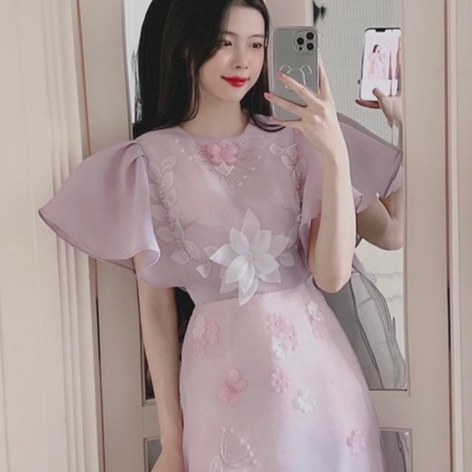 Áo Dài Cách Tân Thiết Kế Đính Hoa Tay Cánh Tiên 4 Tà , A12