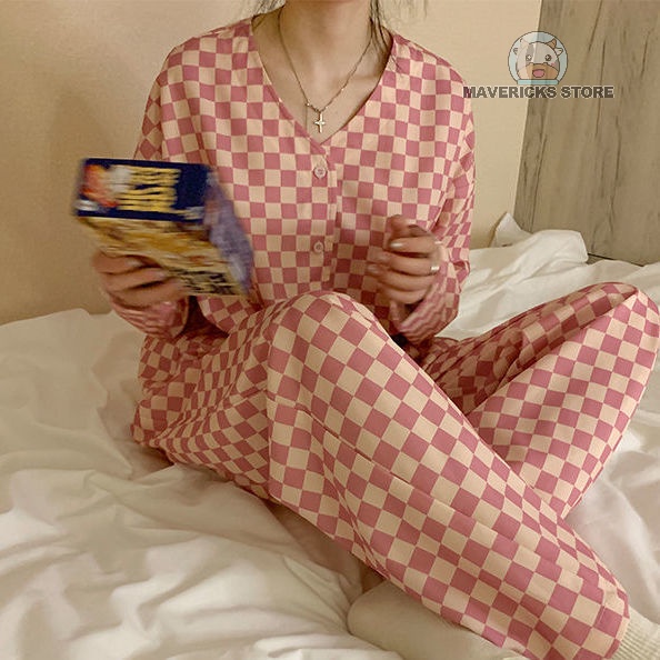 Bộ đồ ngủ pijama dài tay họa tiết kẻ caro trắng đỏ thời trang mùa thu mới thoải mái cho nữ