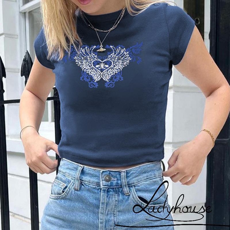 Áo Thun Ngắn Tay Cổ Tròn In Hình Đôi Cánh Thiên Thần Và Trái Tim Thời Trang Mùa Hè Cho Nữ