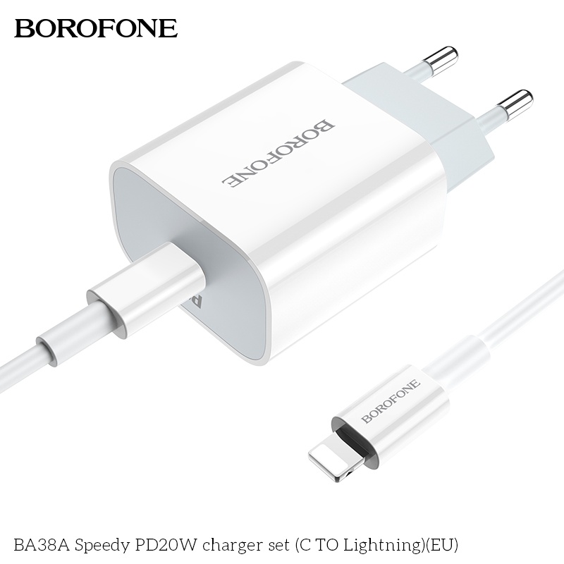 Bộ sạc nhanh PD20W BOROFONE BA38A Plus cổng USB-C, QC3.0 kèm cáp Type-C ra IP dài 1m - Chính hãng