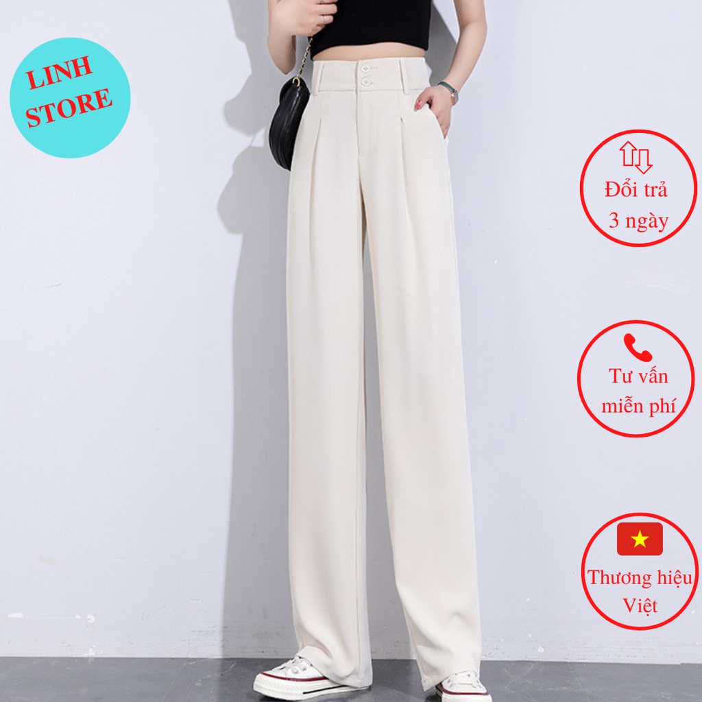 Quần Ống Rộng Nữ Lưng Cao LINH STORE, Quần Suông Culletos Công Sở Phối Hai Cúc Bản To Chất Liệu Tuyết Mưa Vitex Mặc Đi L