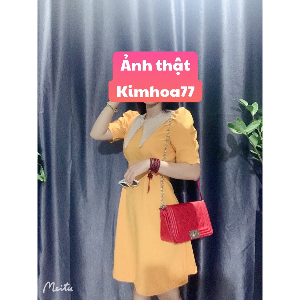 [Hình thật] Đầm nữ dự tiệc dáng chữ A cổ lá sen hot trend freesize màu vàng Kimhoa77