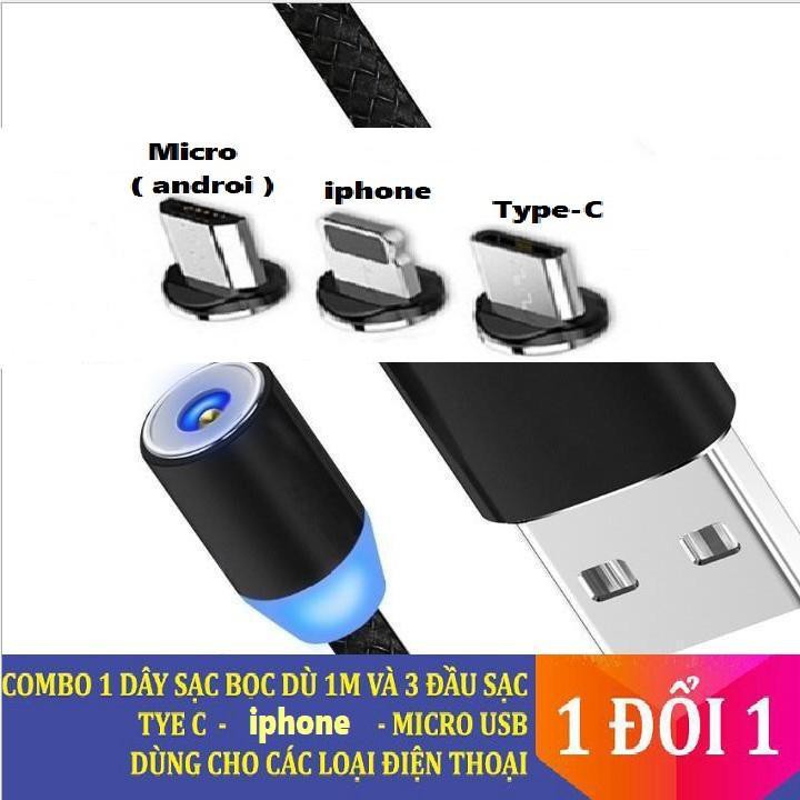 SHOP BÁN SIÊU RẺ Cáp sạc từ hút nam châm đầu Iphone | micro USB | Type C xoay 360 độ dây dù,có LED cao cấpGiá siêu tốt