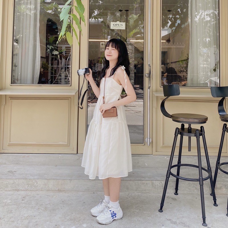 [Ảnh thật/video] Đầm váy hai dây voan tơ buộc vai 2 lớp  Ulzzang (đen, be)