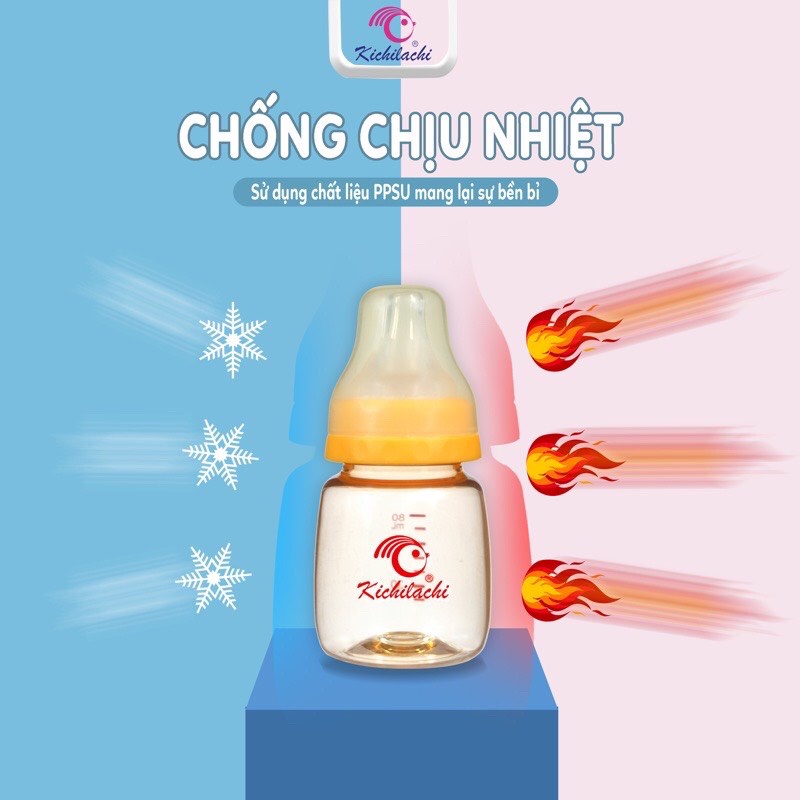 Bình sữa cổ hẹp nhựa PPSU Kichilachi cảm biến nhiệt cao cấp 80ml