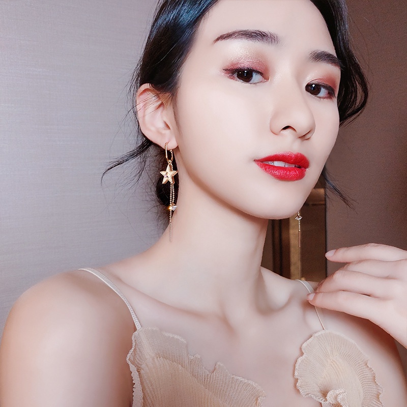 Bông Tai Tua Rua Dáng Dài Bằng Bạc 925 Hình Mặt Trăng Ngôi Sao Phong Cách Hàn Quốc Thời Trang Cho Nữ