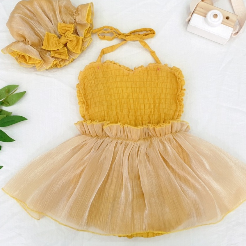Set váy yếm 2 dây công chúa vàng chấm bi đen cho bé gái sơ sinh 1 2 3 4 tuổi MINTSCLOSET Mint's Closet - GS1092 - s1088