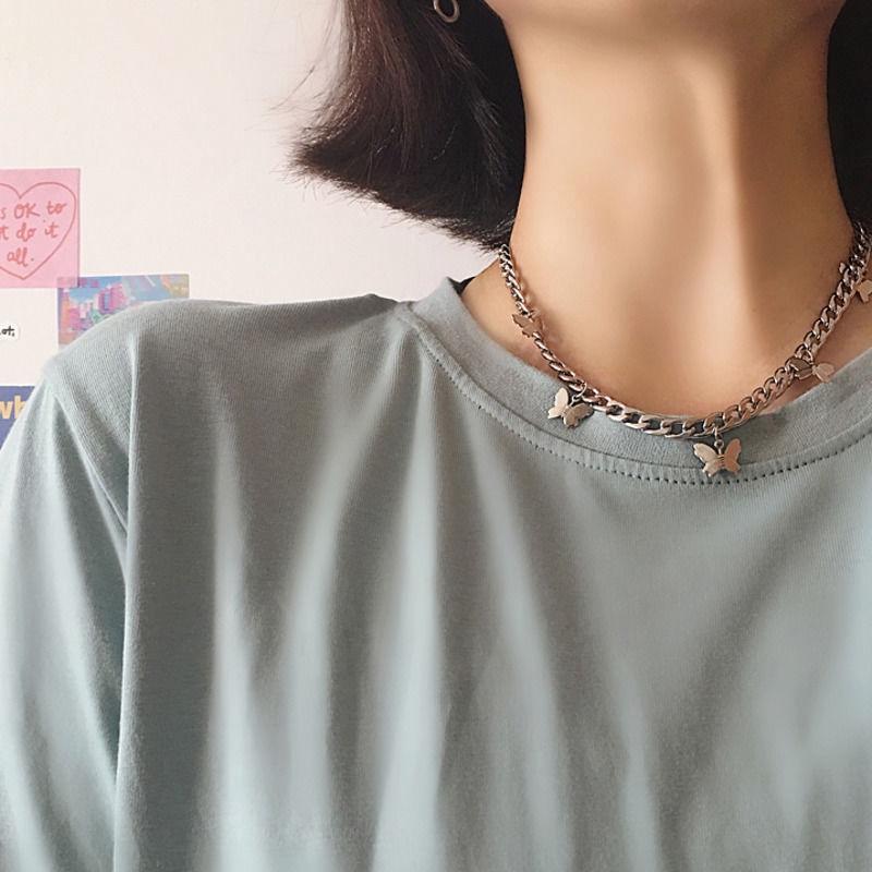 Vòng cổ choker ngắn bằng thép titan mặt hình bướm nhỏ ba chiều 22388