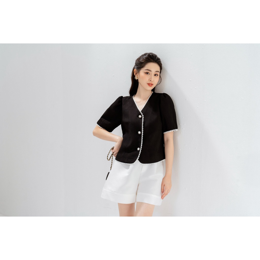 Áo sơ mi cổ tim phối ren chất Tacta hạt đứng form, không nhăn TIINSTORE AHN334