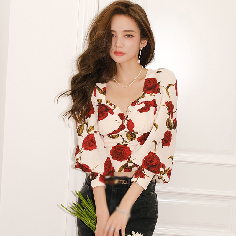 Áo Kiểu Cổ Vuông Tay Dài In Họa Tiết Hoa Hồng Phong Cách Hàn Quốc Thời Trang Mùa Xuân Xinh Xắn