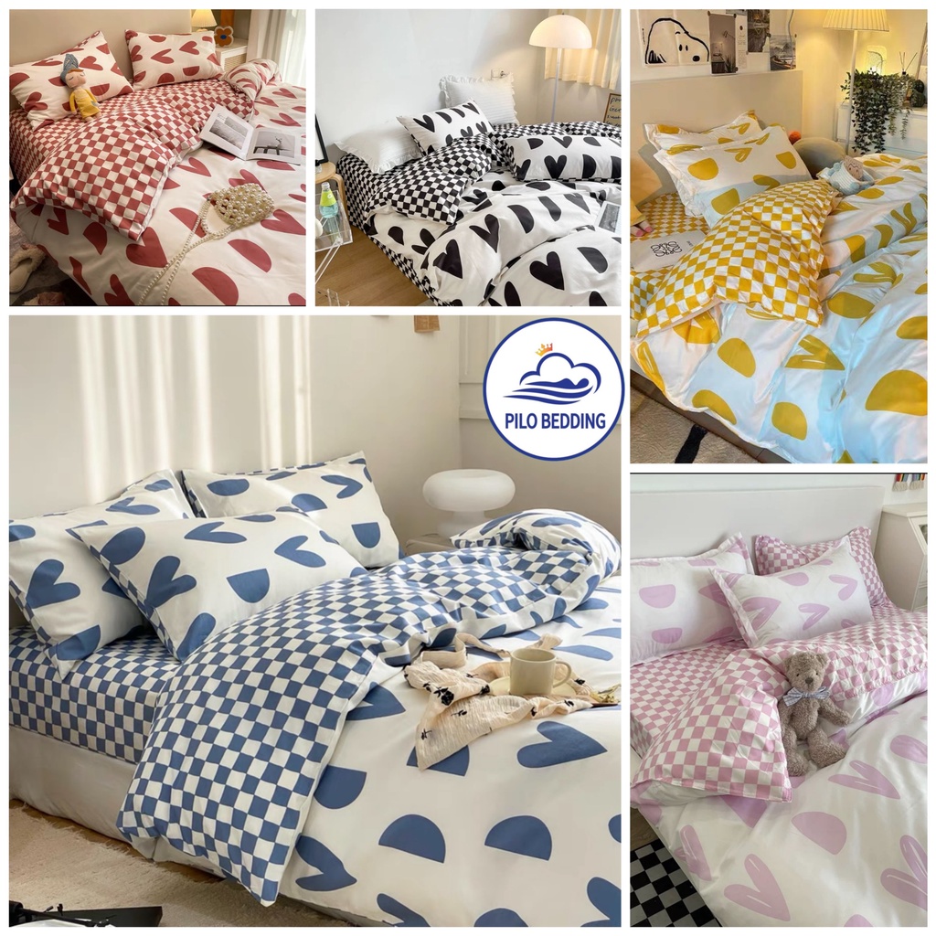 Bộ chăn ga gối Cotton Poly PILO bedding gồm vỏ chăn mền,drap ga giường và 2 vỏ gối nằm mẫu trái tim caro Hàn Quốc