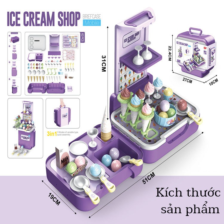 (mới nhất 2021) Đồ chơi vali bán kem 62 chi tiết , xếp được thành bàn kem cho bé