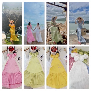 ĐẦM MAXI LIỀN đi biển cut out viền bèo-Đầm công chúa, du lịch, chụp ảnh chất linen xốp sẵn cúp ngực ( nhiều màu sắc)